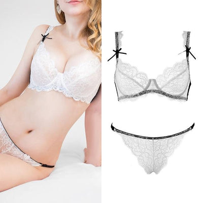 Ultrathin underwear lace transparent sexy bra set women plus size Half Cup bra and panty sets C cup brassiere white lingerie set