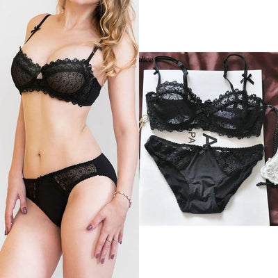 Ultrathin underwear lace transparent sexy bra set women plus size Half Cup bra and panty sets C cup brassiere white lingerie set