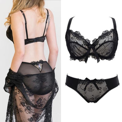 Ultrathin underwear lace transparent sexy bra set women plus size Half Cup bra and panty sets C cup brassiere white lingerie set