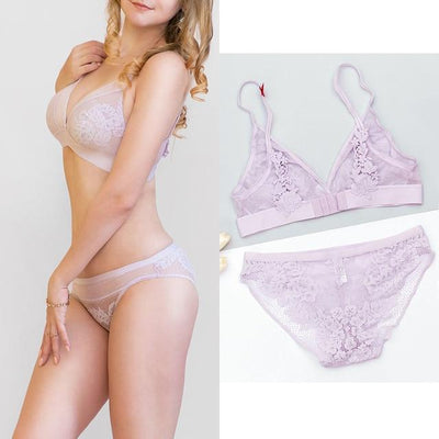 Wire free lace underwear set Ultra-thin transparent  lace bra sets underwear women lingerie